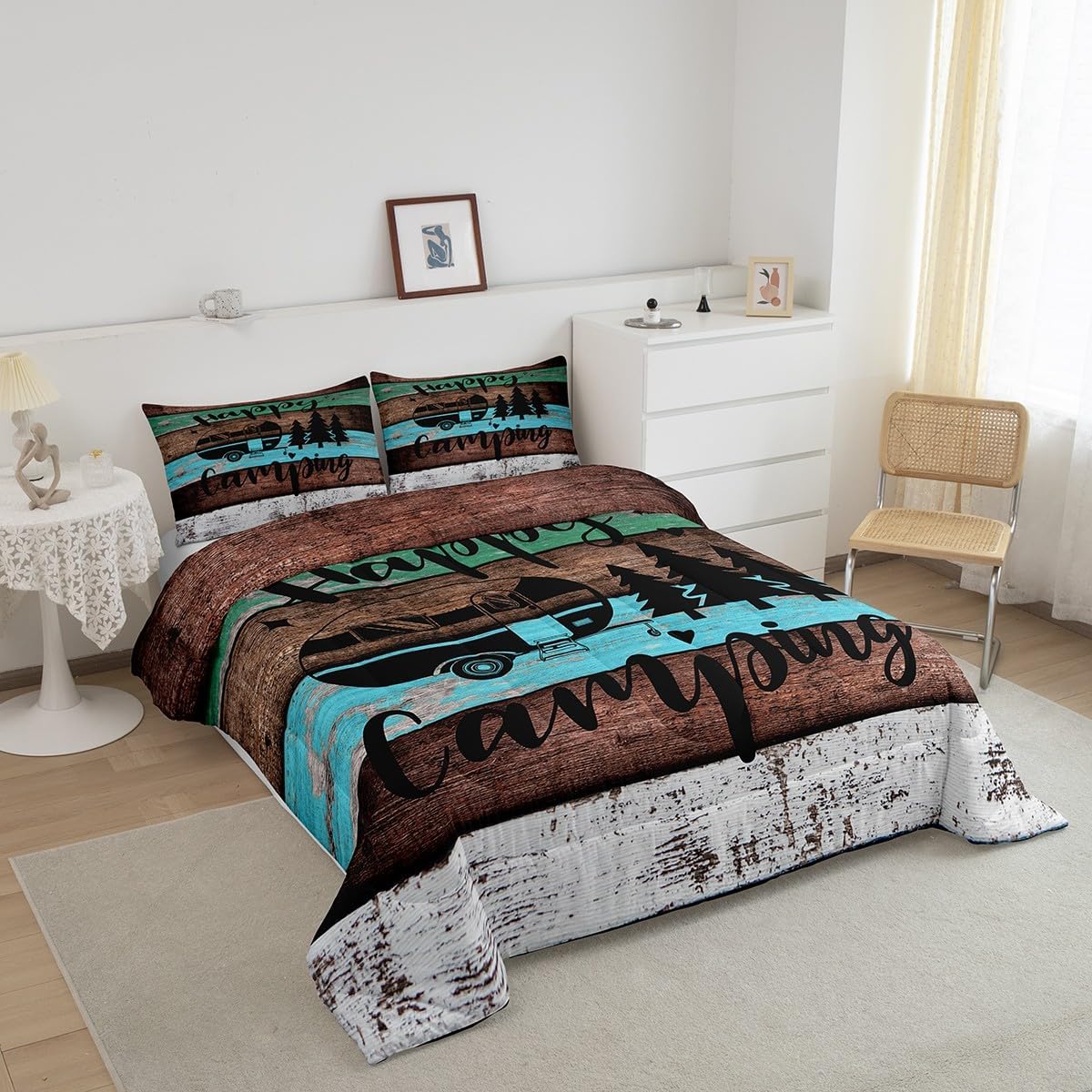 Castle Fairy Juego de edredón y edredón de madera vintage con diseño de granero, tamaño King, colección de cama ultra suave, ropa de cama de estilo