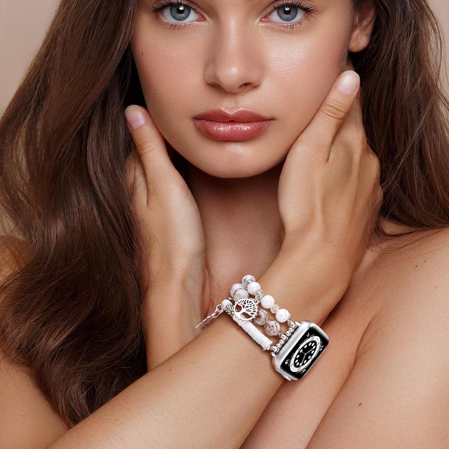 V-MORO Pulsera de cuentas compatible con Apple Watch Band de 1.614, 1.575, 1.496 pulgadas, Series 87, pulsera de moda para mujer, correa elástica
