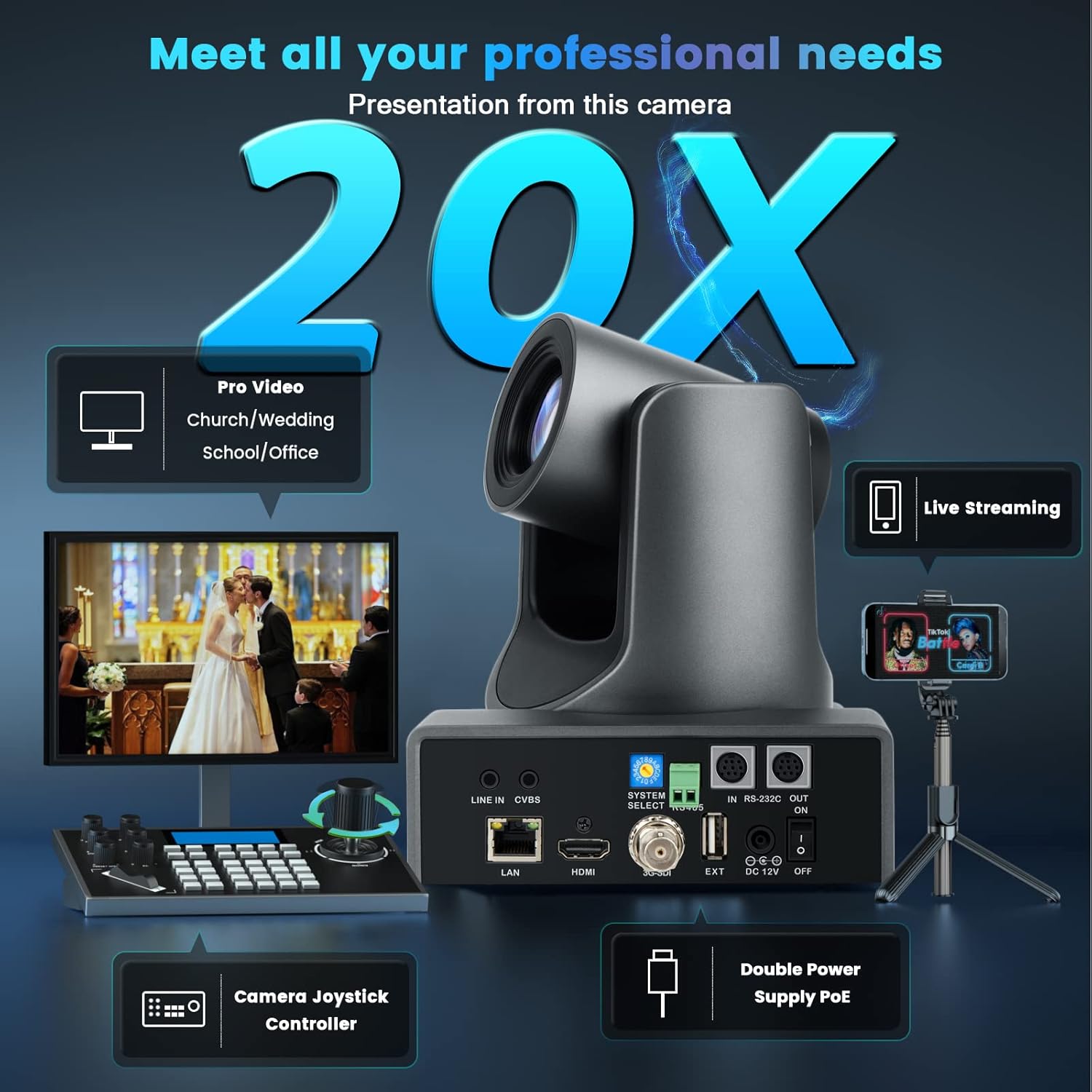 NDI PTZ Camera, PTZ Camera with 20X Optical Zoom 1080p Live Streaming for Church, Conference and Live Production, HDMI PTZ Camera,Video Conference
