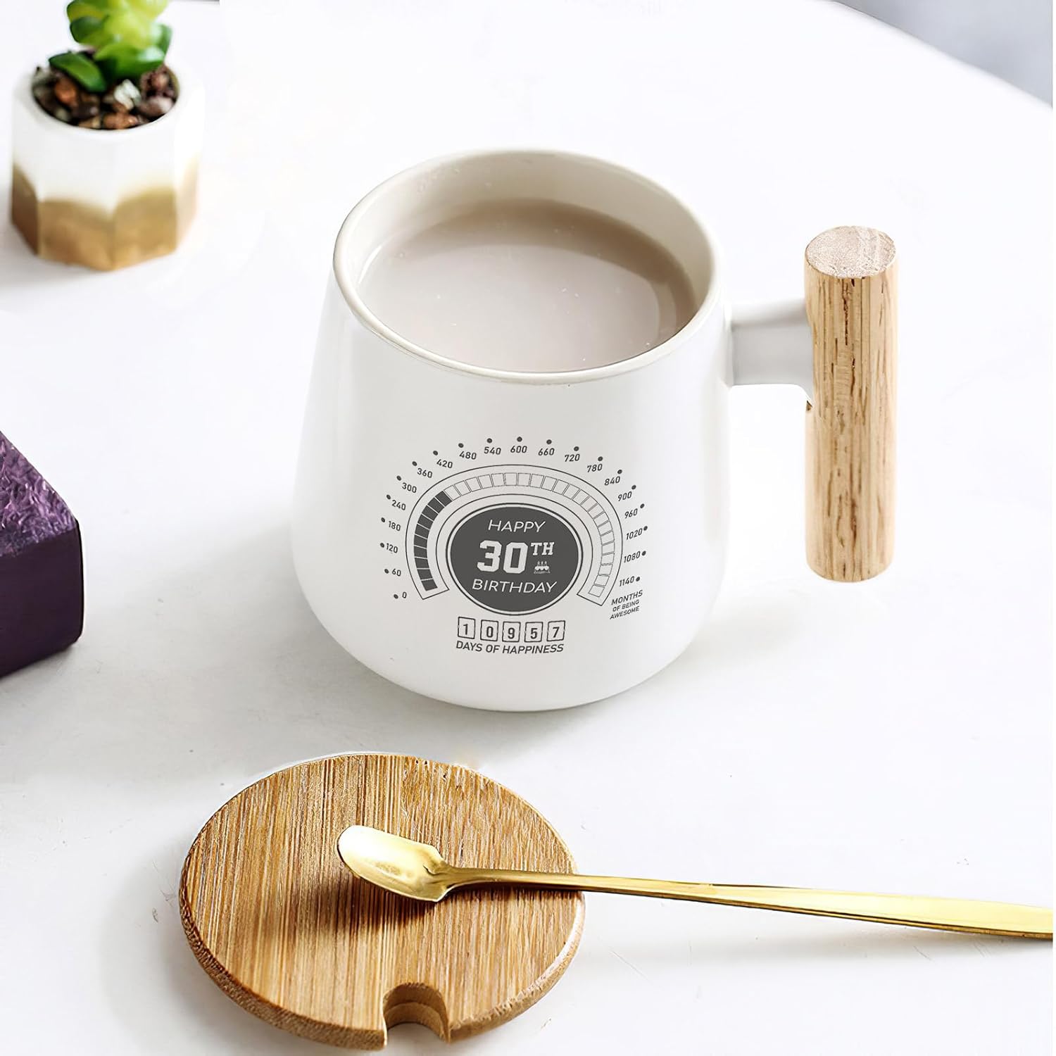 Taza de cerámica personalizada con mango de madera con tapa de bambú y cuchara de acero inoxidable, regalo de cumpleaños para esposa, marido, él,