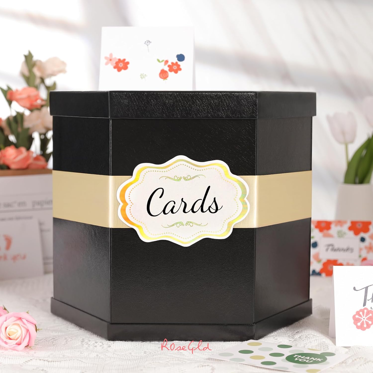 ROSEGLD Caja de tarjetas, caja de recepción de tarjetas con cinta de 14 x 12 x 12 pulgadas, elegante soporte para tarjetas para bodas, graduaciones,