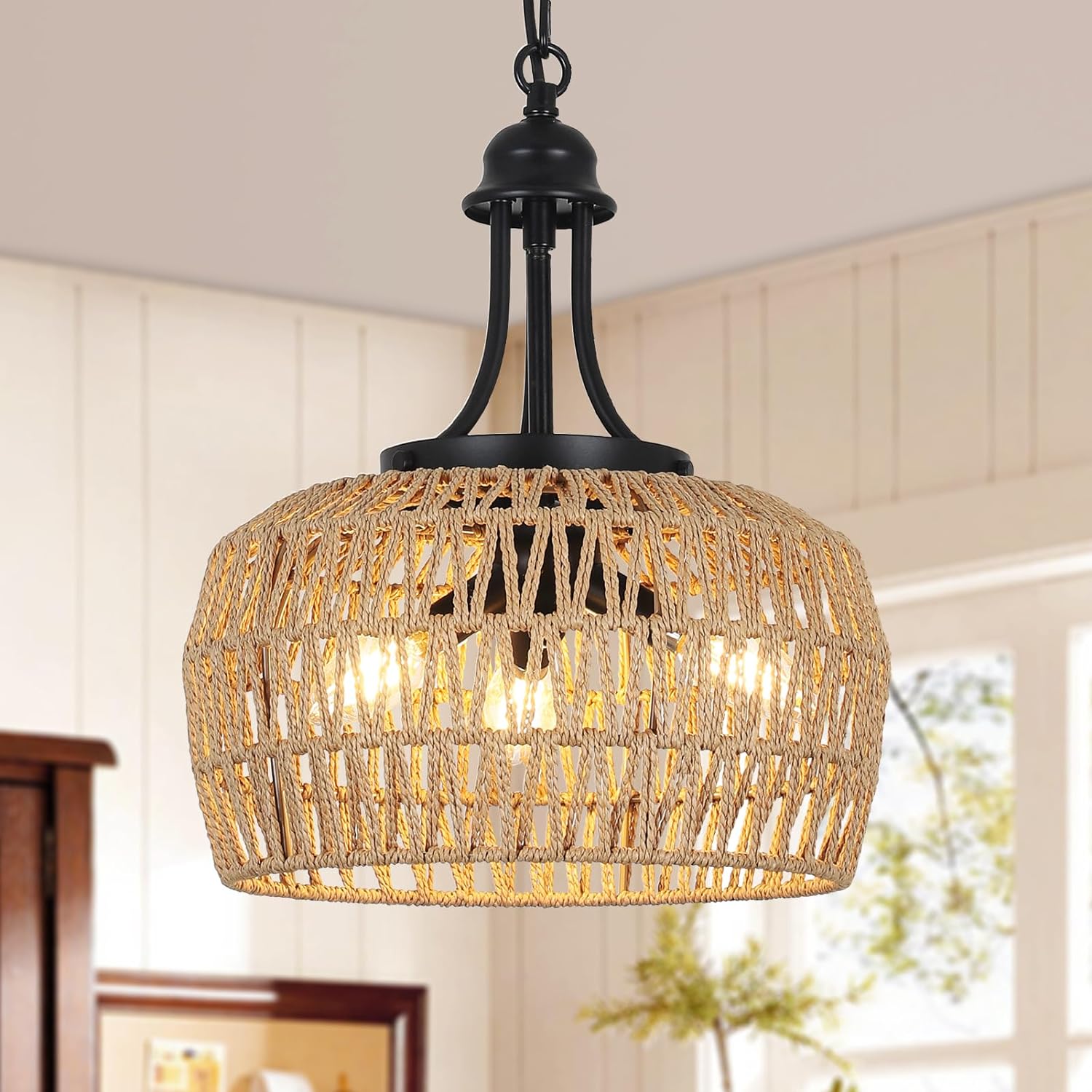 HMVPL Lámpara de araña de granja para comedor, 3 luces, estilo bohemio, de ratán, lámpara colgante de techo con pantalla tejida, pequeña lámpara