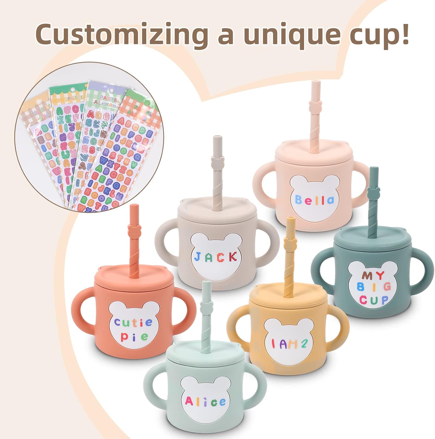 ROISDIYI Vasos para bebés de 6 meses de silicona con popote para bebé, 8 onzas, a prueba de derrames, tapa extraíble para aperitivos, asas de fácil