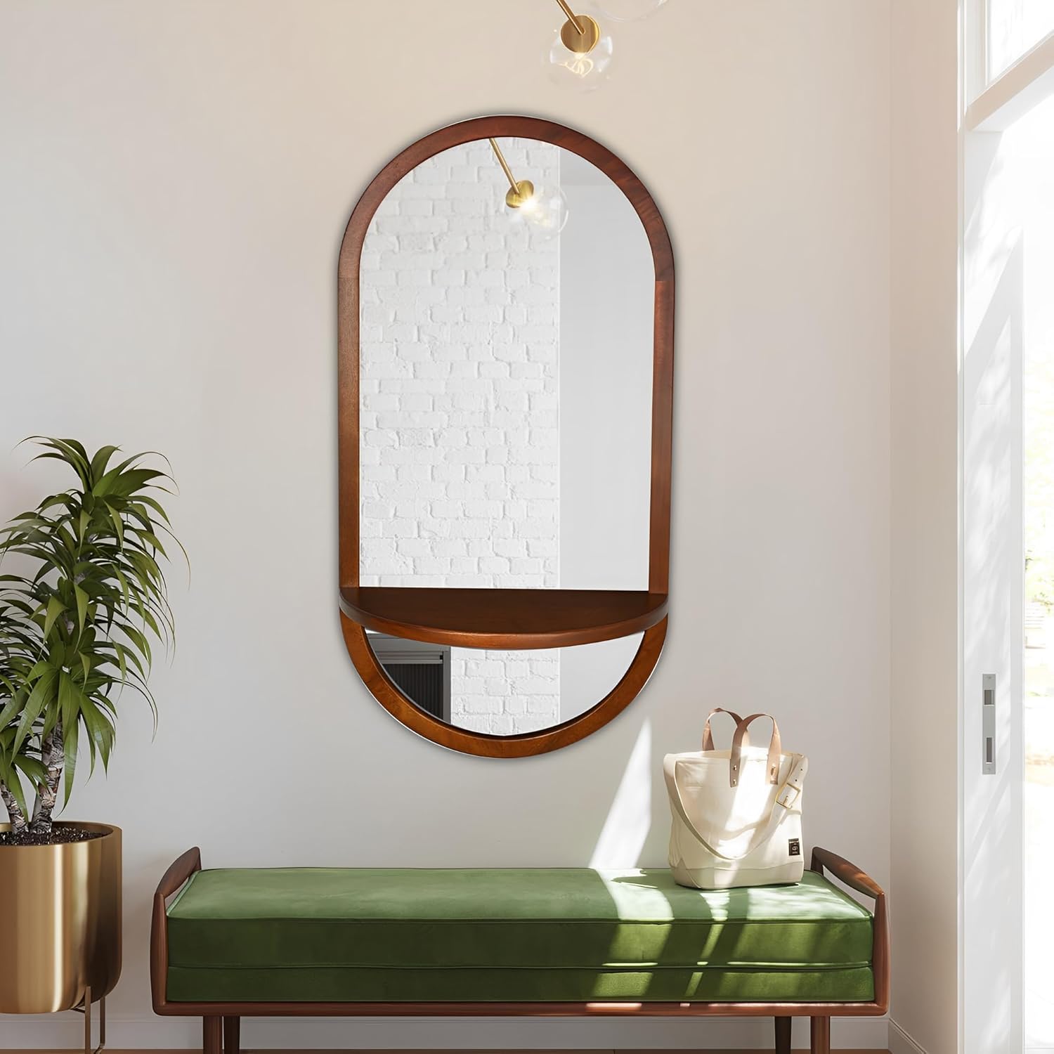 Tanmicoshomy Espejo de pared cápsula con marco de madera con estante extraíble, espejo arqueado de 18 x 36 pulgadas para vidrio templado,