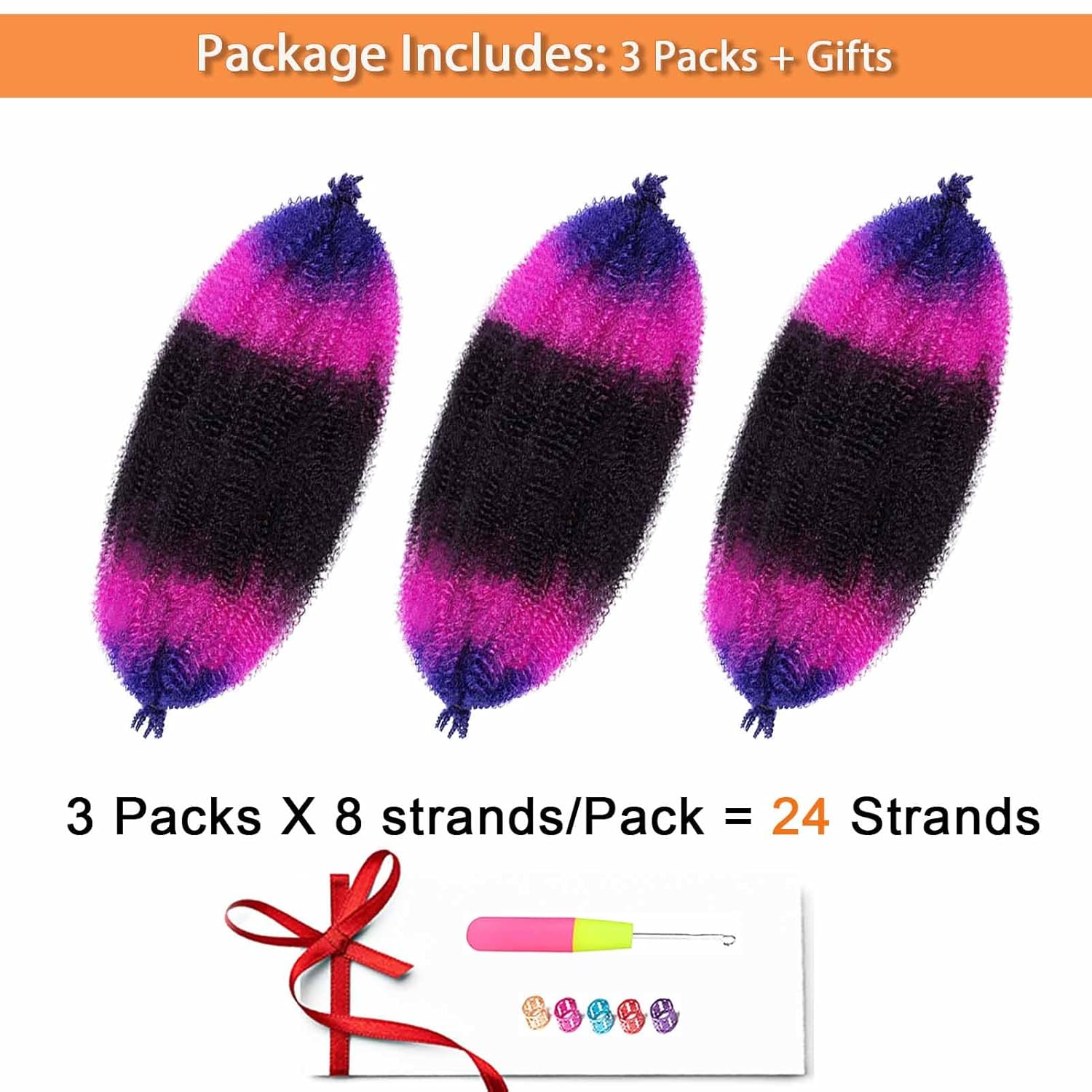 Cabello afro Twist de 24 pulgadas, negro, morado, azul, 3 paquetes de extensiones de cabello trenzado con resorte afro elástico (24 pulgadas, 3