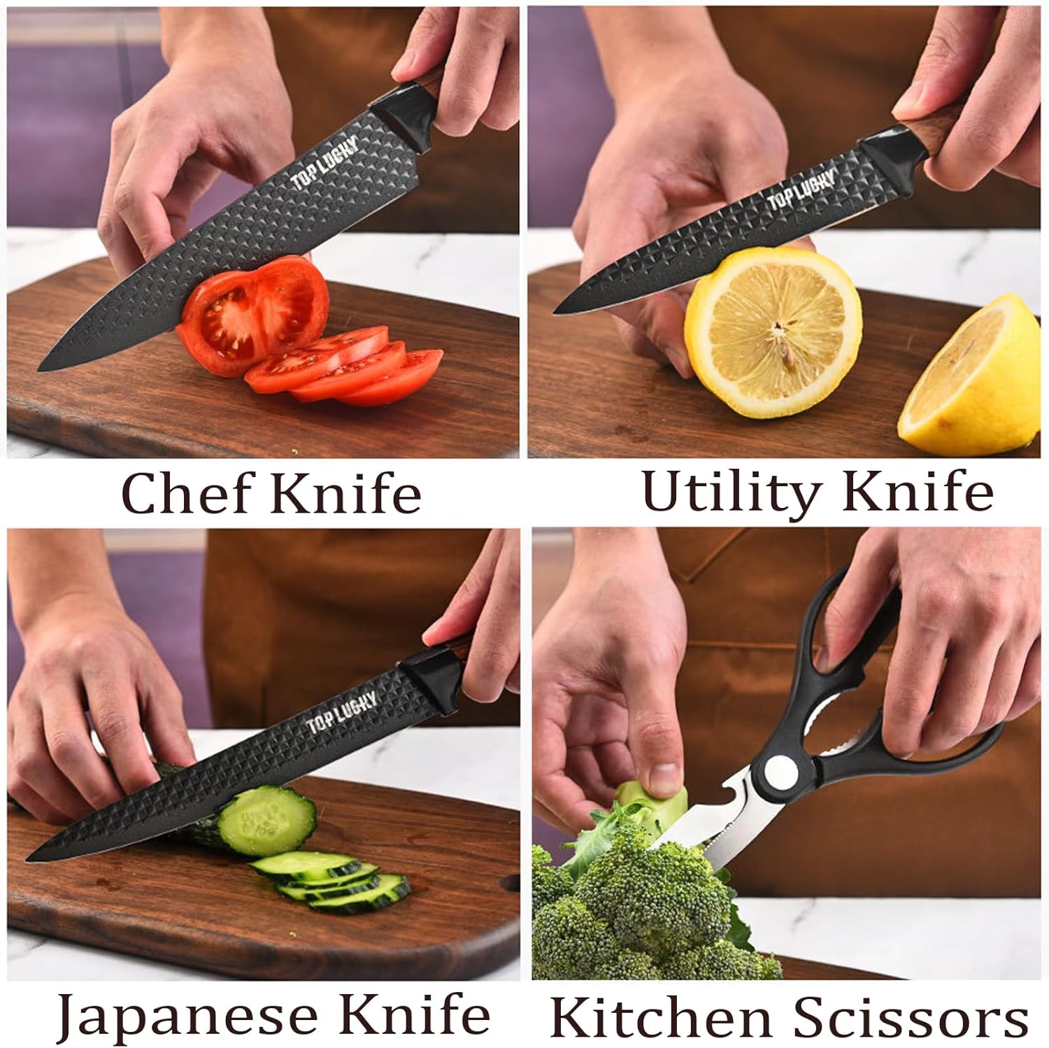 Juego de cuchillos de cocina de 6 piezas, color negro, juego de cuchillos afilados negros para cocina, antiadherentes, antideslizantes, juego de