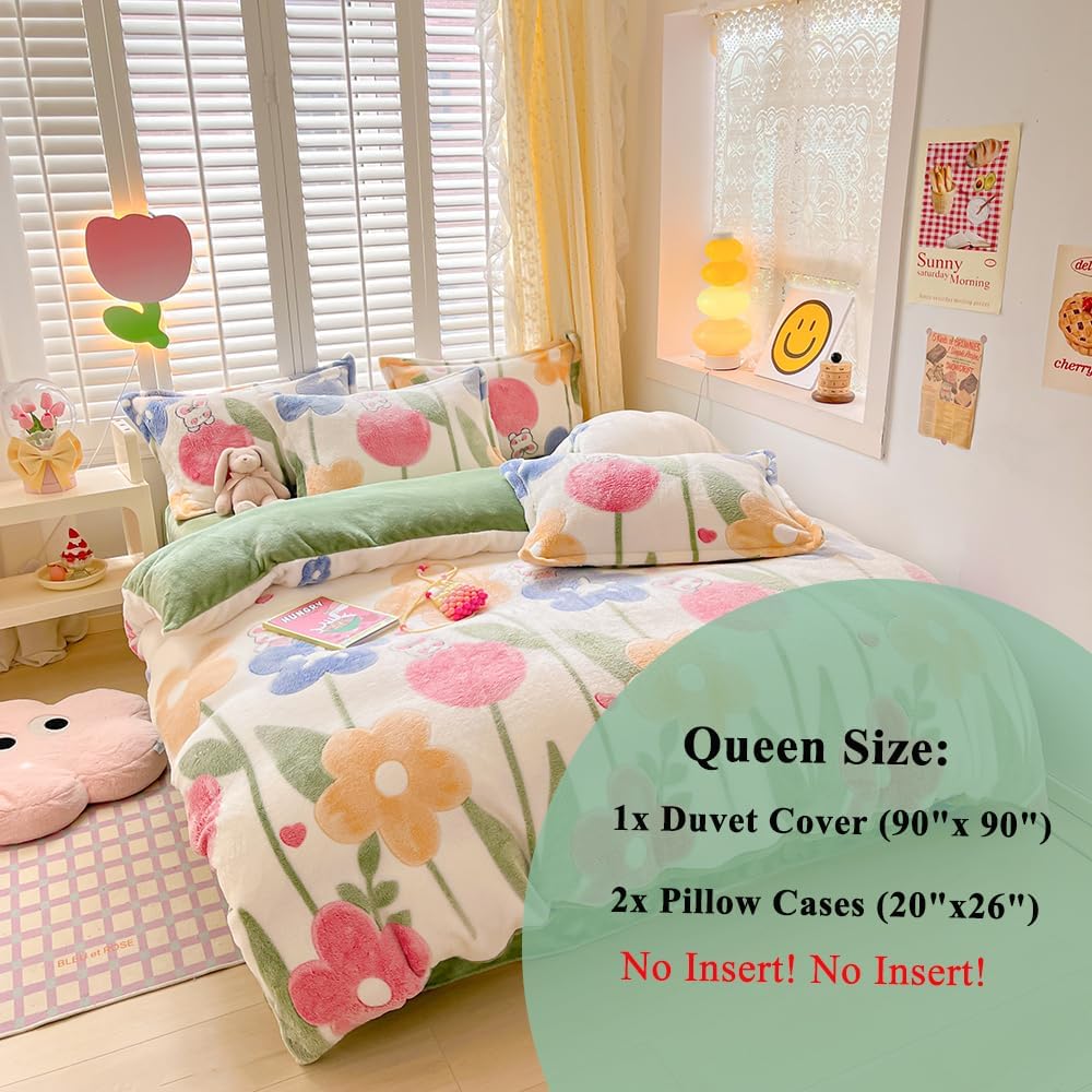 Juego de funda de edredón floral para niños, juego de ropa de cama kawaii, diseño de copos de nieve verde aguacate, funda de edredón esponjosa,