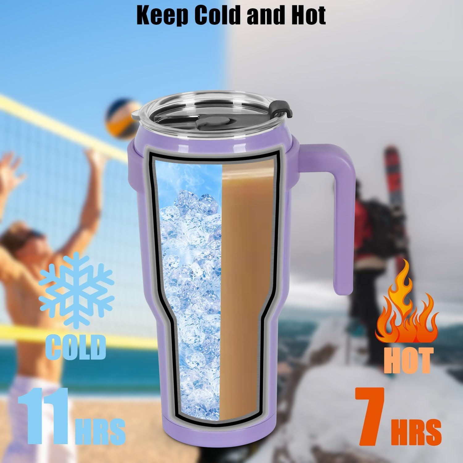 Vaso de 40 onzas con asa y pajilla, taza de acero inoxidable con doble aislamiento con asa, taza de café de viaje de 40 onzas con tapa a prueba de