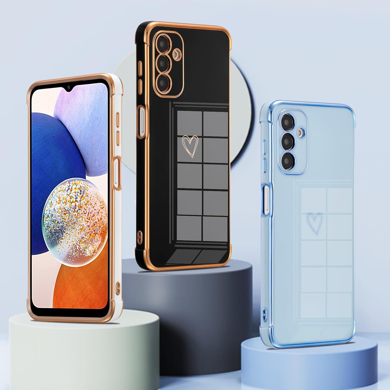 ZTOFERA Funda para Samsung Galaxy A14 5G, bonito borde chapado con diseño de corazones de amor con protección de lente de cámara para Galaxy A14 de