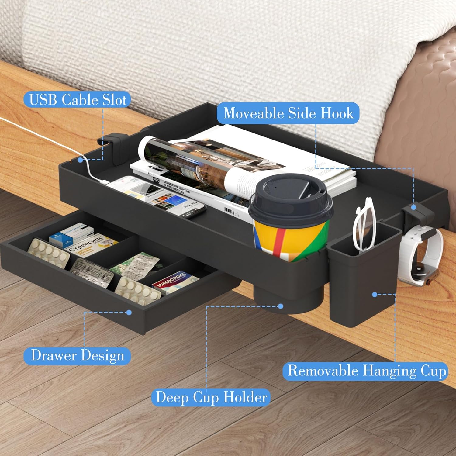 SPACEKEEPER Estante de noche para cama, litera plegable con clip, mesita de noche para litera superior, dormitorio universitario, artículos