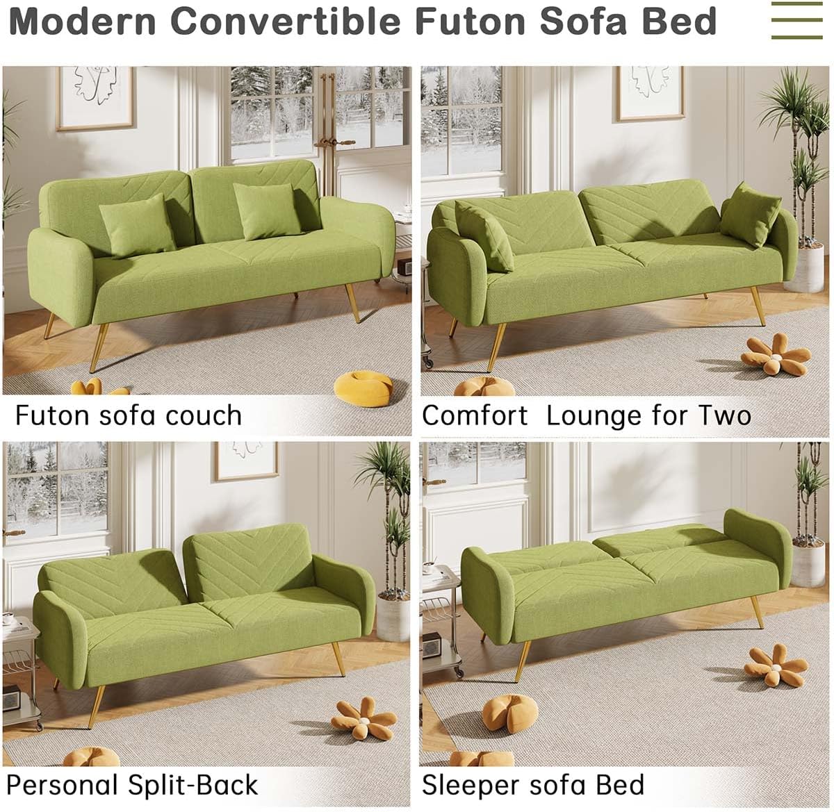 Futón de 70 pulgadas con colchón incluido, sofá cama futón con respaldo dividido y 2 cojines, sofá cama convertible con patas y brazos de metal