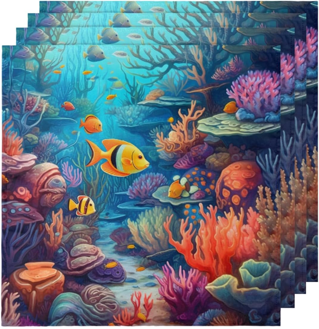 Cloth Napkins Set of 6 Tropical Fish 20×20 Inch Cloth Napkins Underwater World Coral Washable Reusable Kitchen Dinner Napkins Table Decor for