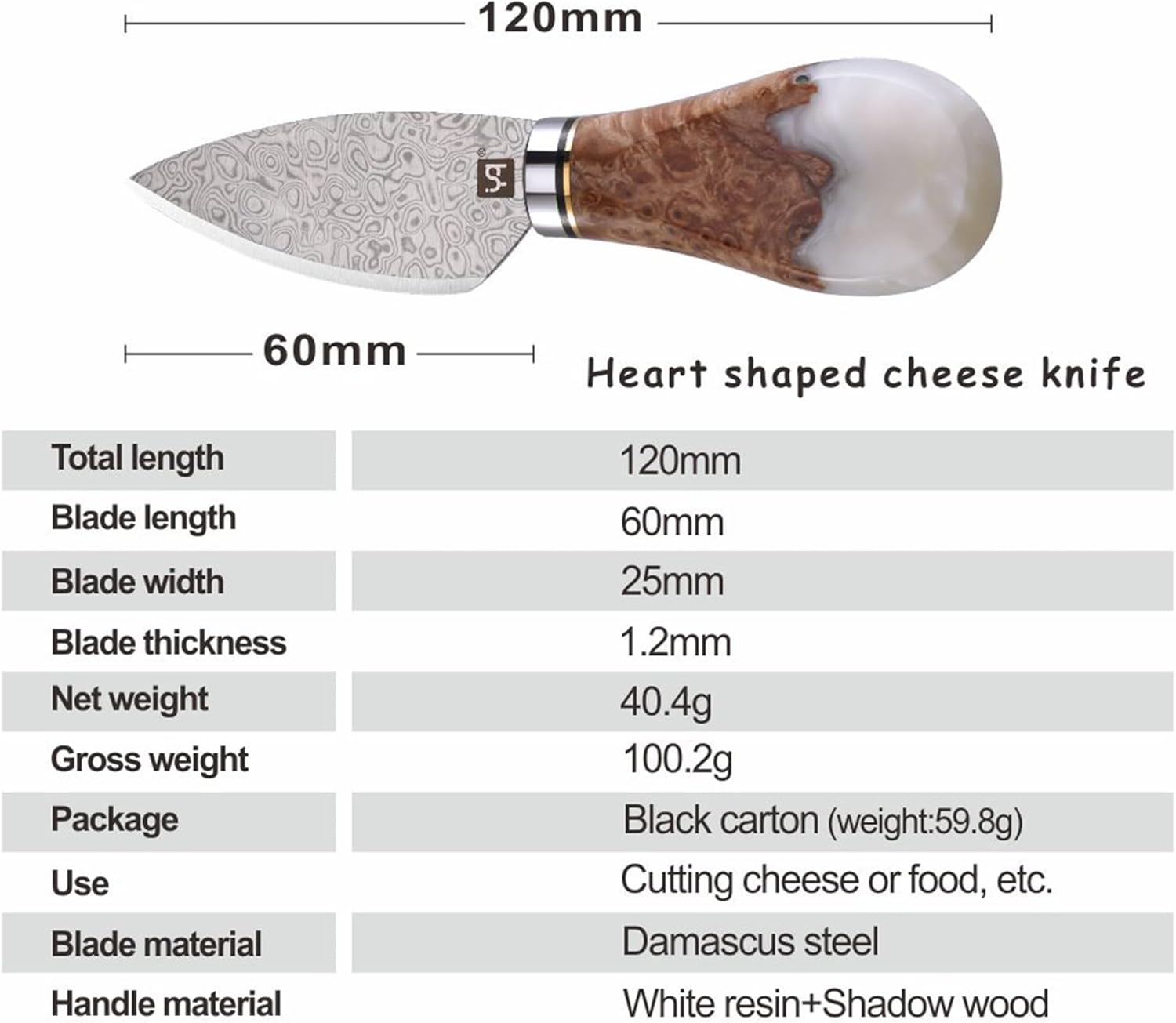 Cuchillo de queso de acero de Damasco para tablas de embutidos, cortador de queso para quesos suaves y duros desmenuzables, resina blanca y mango de