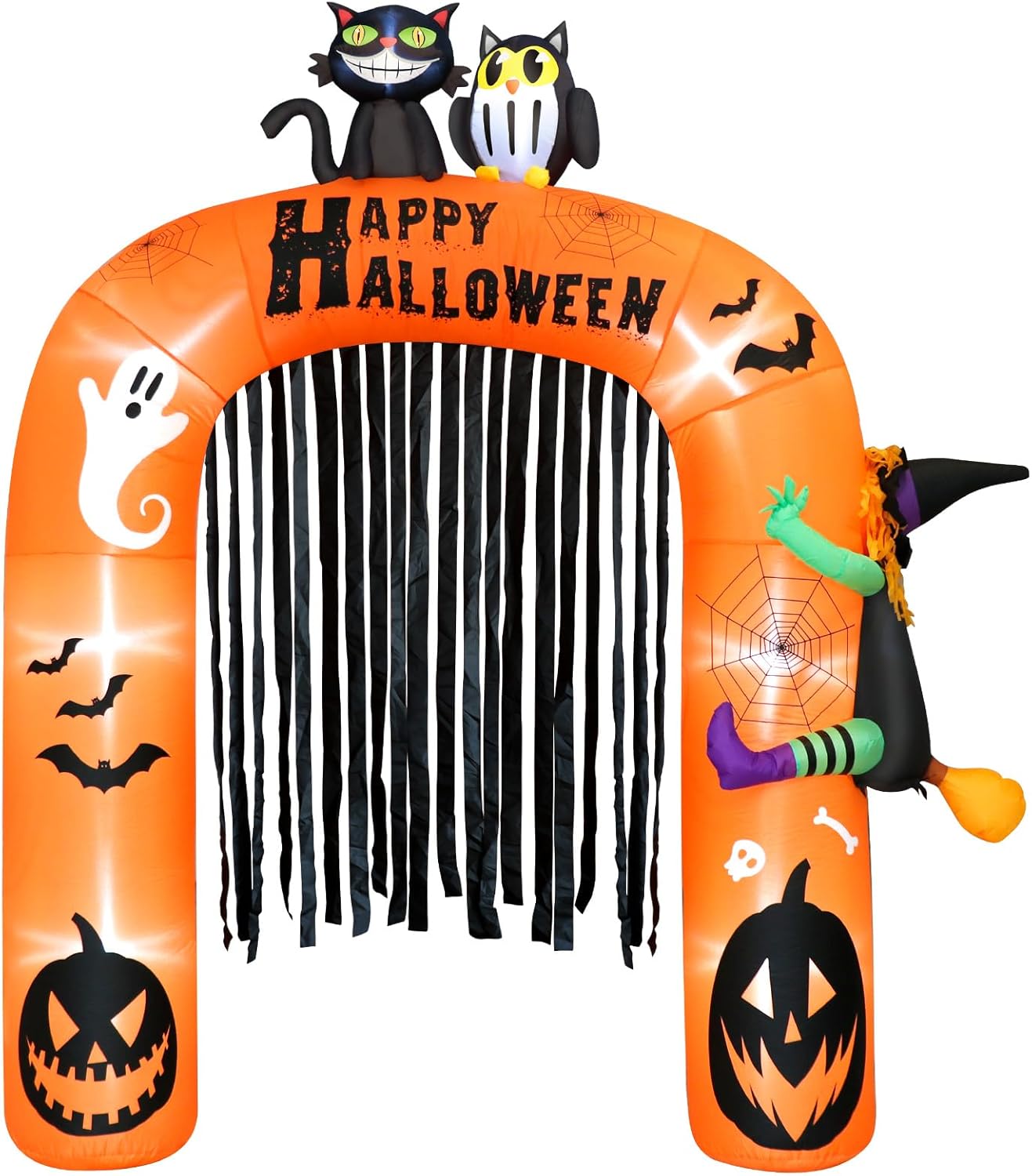 Decoración inflable de arco inflable de Halloween de 9 pies de alto, decoración iluminada de Halloween con gato, búho y bruja en arco, arco inflable