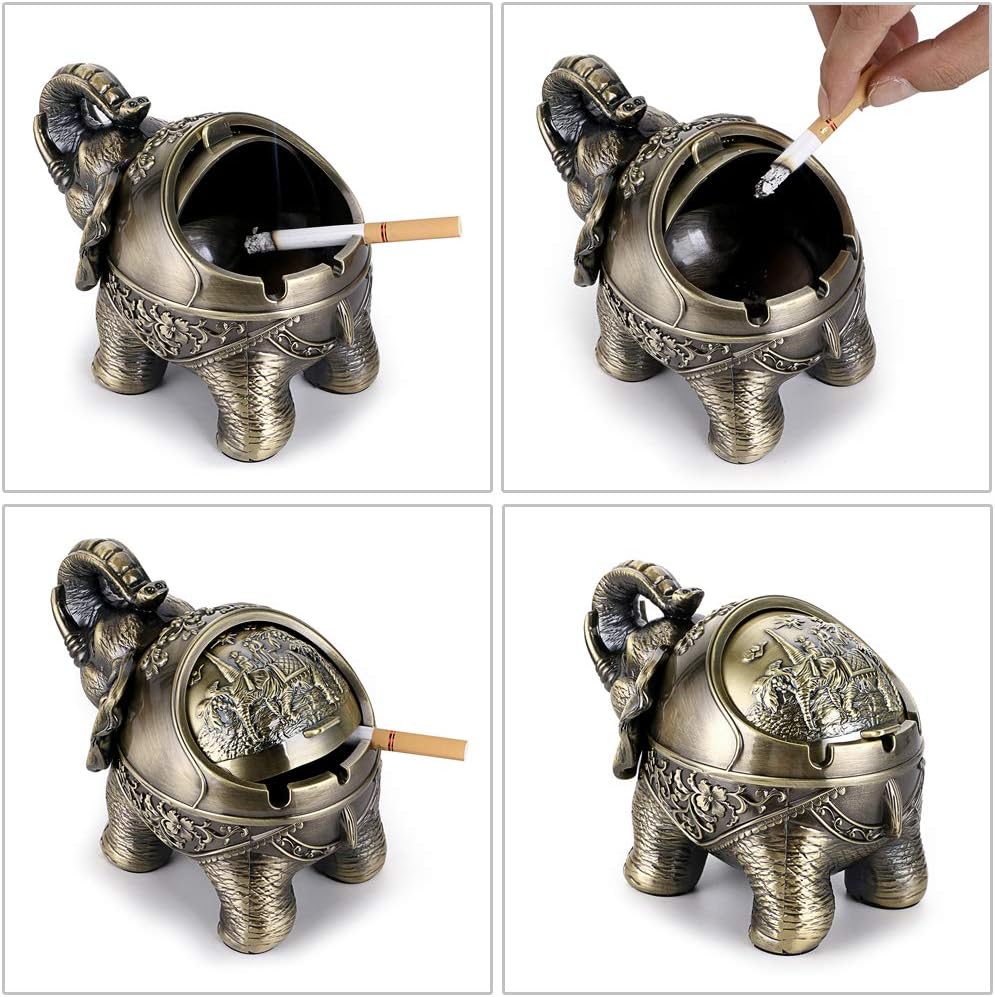 Hipiwe Cenicero de elefante resistente al viento con tapa, soporte de cenicero de metal de escritorio para uso en interiores o exteriores, bandeja