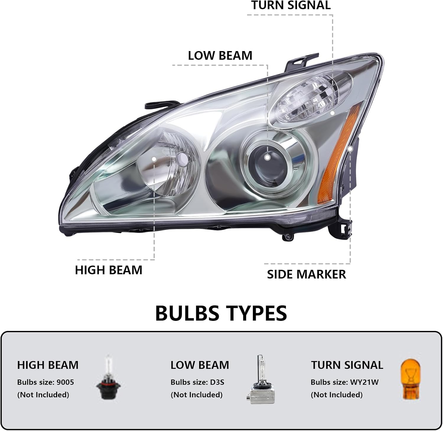 Faro delantero HID+ Conjunto de faros halógenos carcasa cromada con lente transparente compatible con Lexxuus RX330 RX350 RX400h 2004-2009 (lado