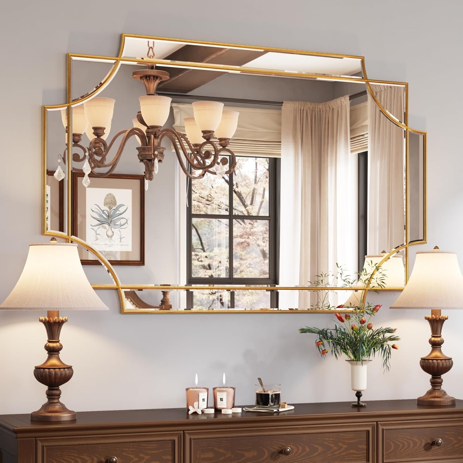 Kelly Miller Espejo grande dorado de 32 x 48 pulgadas para pared, espejo decorativo moderno, espejo rectangular de pared, espejo biselado de