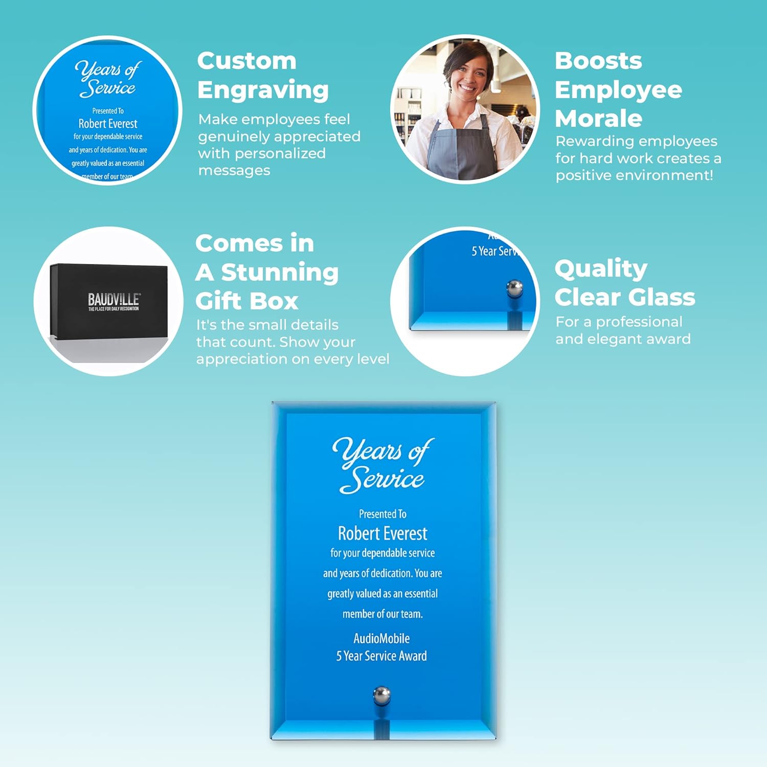 Baudville Mini placa de cristal personalizada -4×6 – Azul con versículo – Premio para empleados – Grabado personalizadopersonalizado