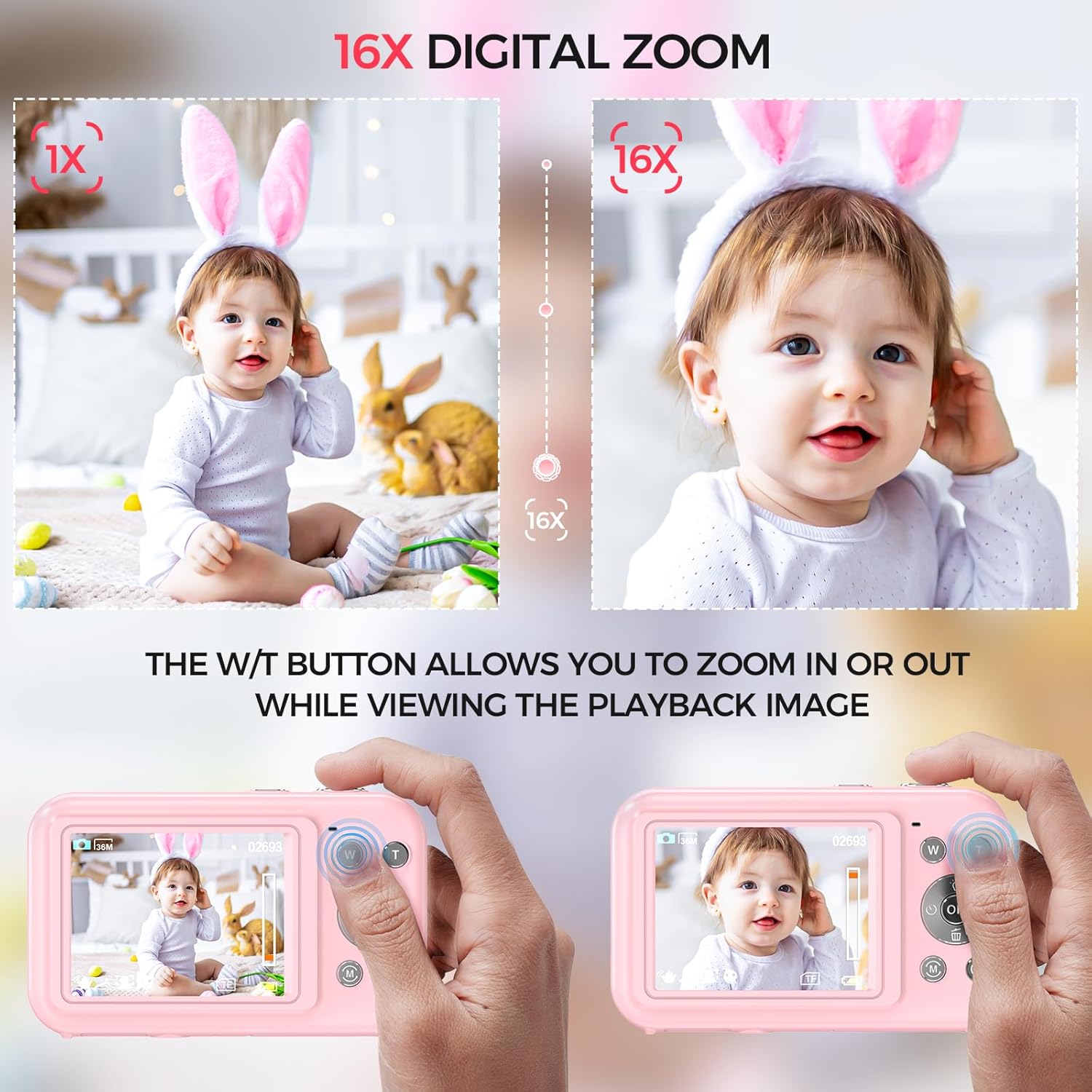 Cámara digital, FHD 1080P 44MP cámara para niños para fotografía con tarjeta de 32 GB, cámara digital de punto de zoom 16X y disparar con luz de