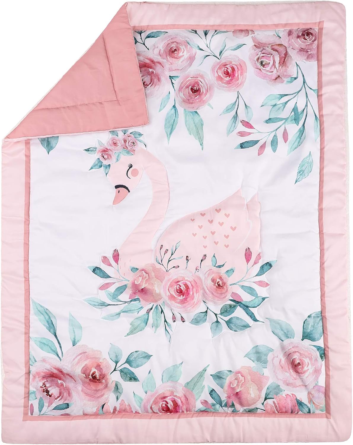 Juego de ropa de cama de 4 piezas para cuna de cisne rosa rosa con temática de cisne floral, 1 edredón, 1 falda, 1 sábana bajera, 1 cenefa de