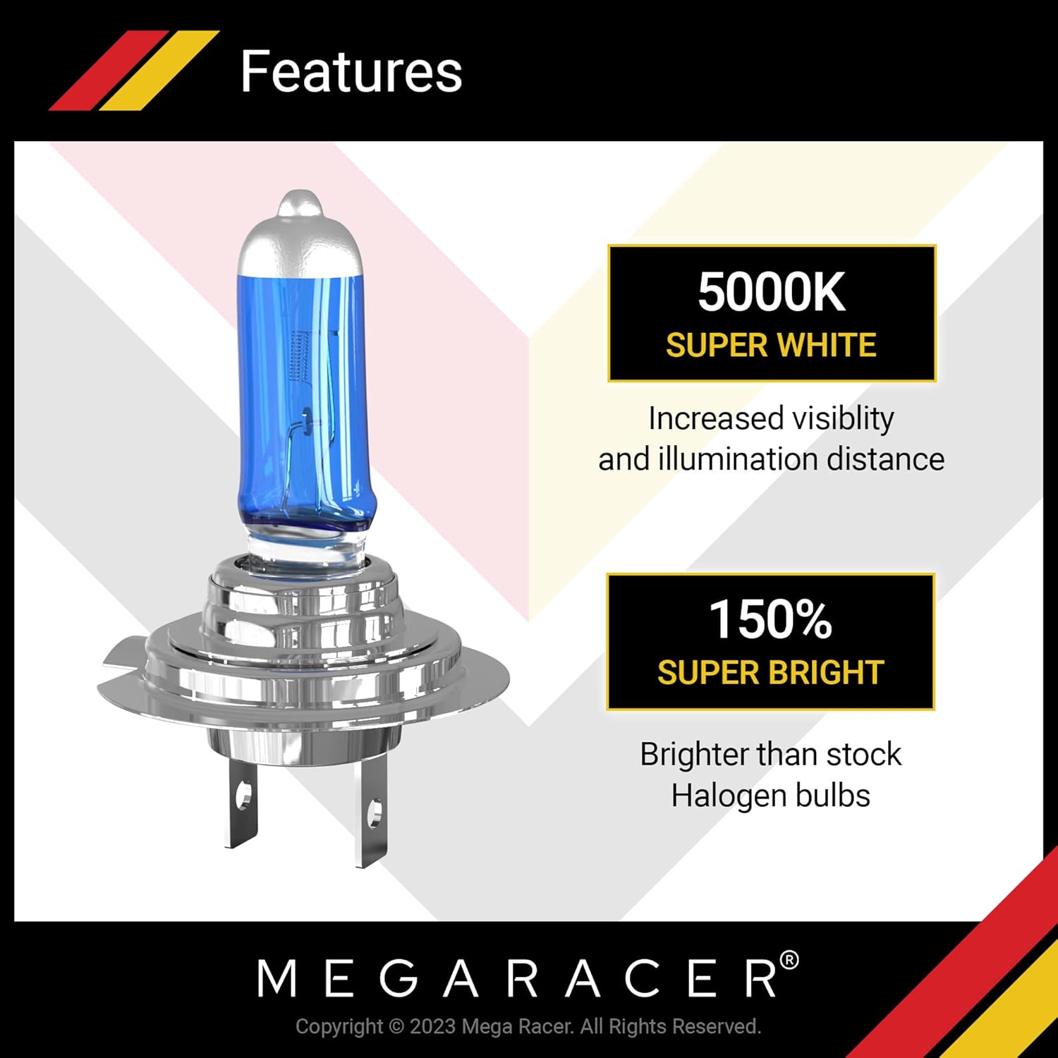 Mega Racer Bombillas halógenas H7 para faros delanteros de luz baja y alta  Super White 5000K 12V, xenón, base PX26d, clasificación impermeable