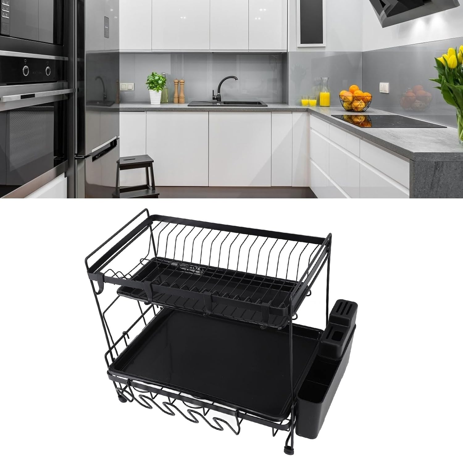 Dish Drying Rack and Drainboard Set, 2 Tier Large Dish Rack, Stainless Steel Dish Drainer for Kitchen Counter with Wine Glass Holder, Counter Plate