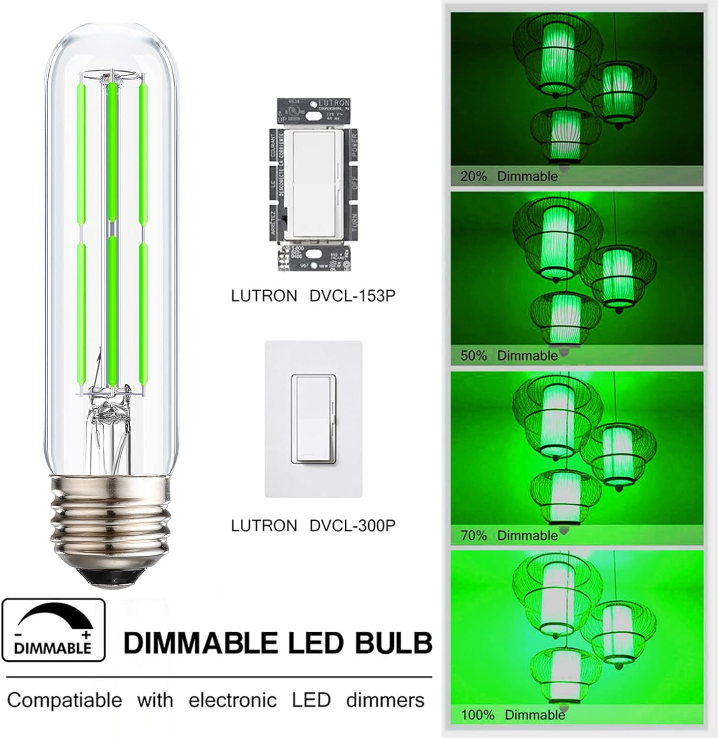 Bombillas LED verdes T10, luces LED verdes E26 que reemplazan hasta 60 W, bombillas tubulares LED de 5 pulgadas, bombillas de colores para porche,