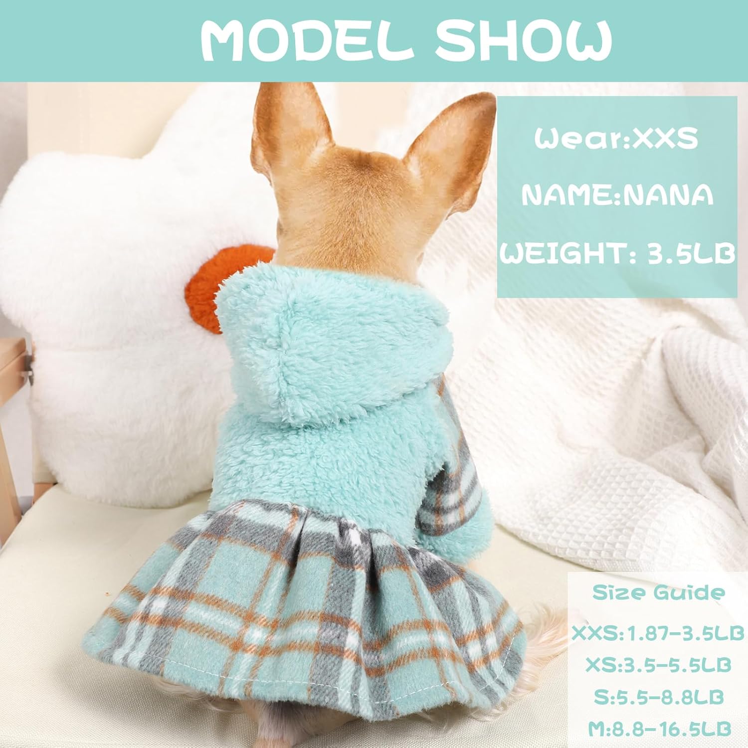 Vestido de invierno para perro, lindo suéter de forro polar cálido con capucha para perros pequeños, vestidos de cachorro a cuadros rosados, ropa