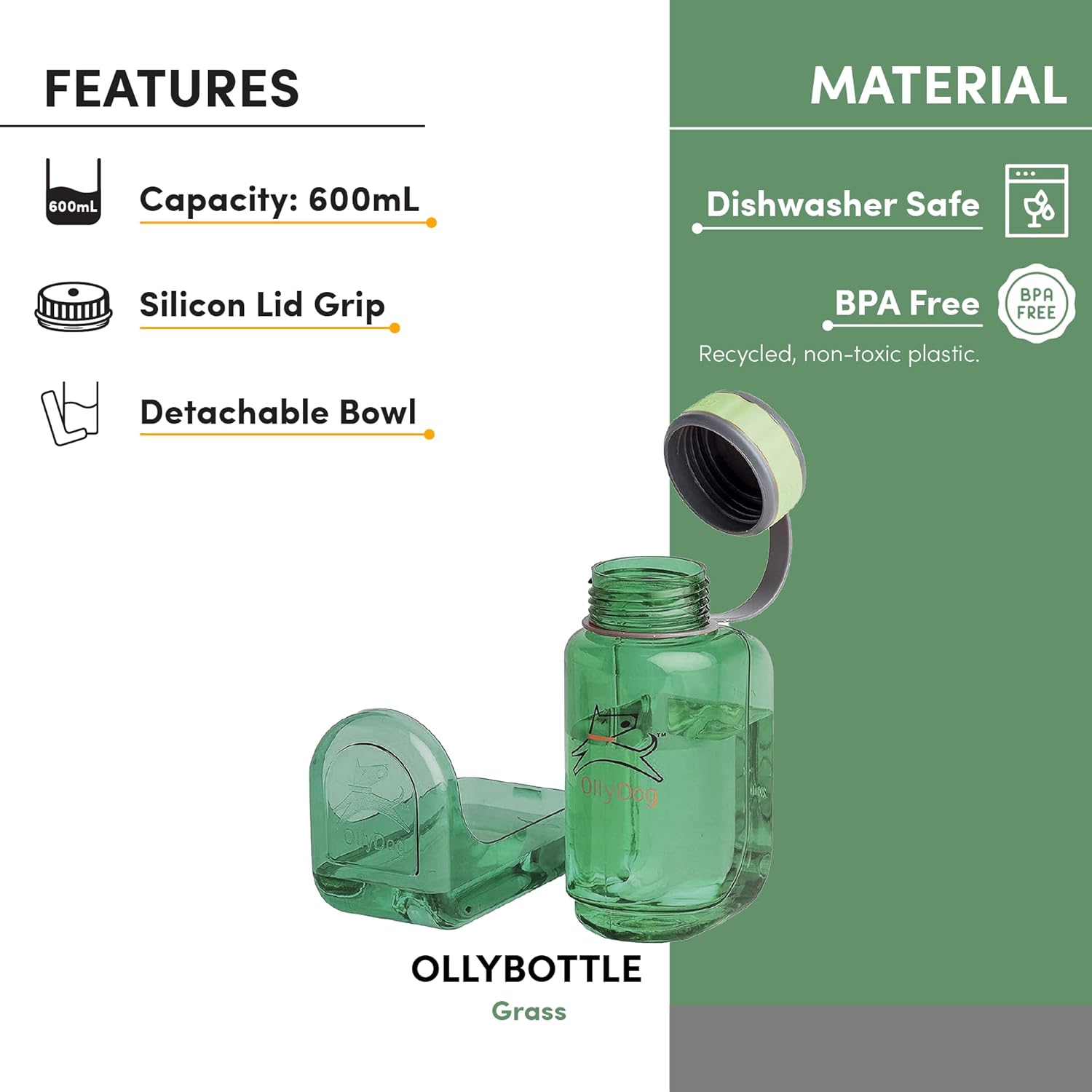 OllyDog OllyBottle – Botella de agua para perros, dispensador de agua para mascotas con cuenco desmontable, accesorios para mascotas para caminar al