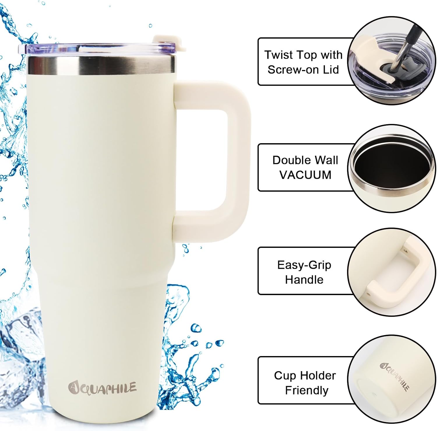 AQUAPHILE Vaso aislado de 30 onzas con asa, taza de viaje de acero inoxidable con tapa y pajita, vaso de café portátil de doble pared a prueba de