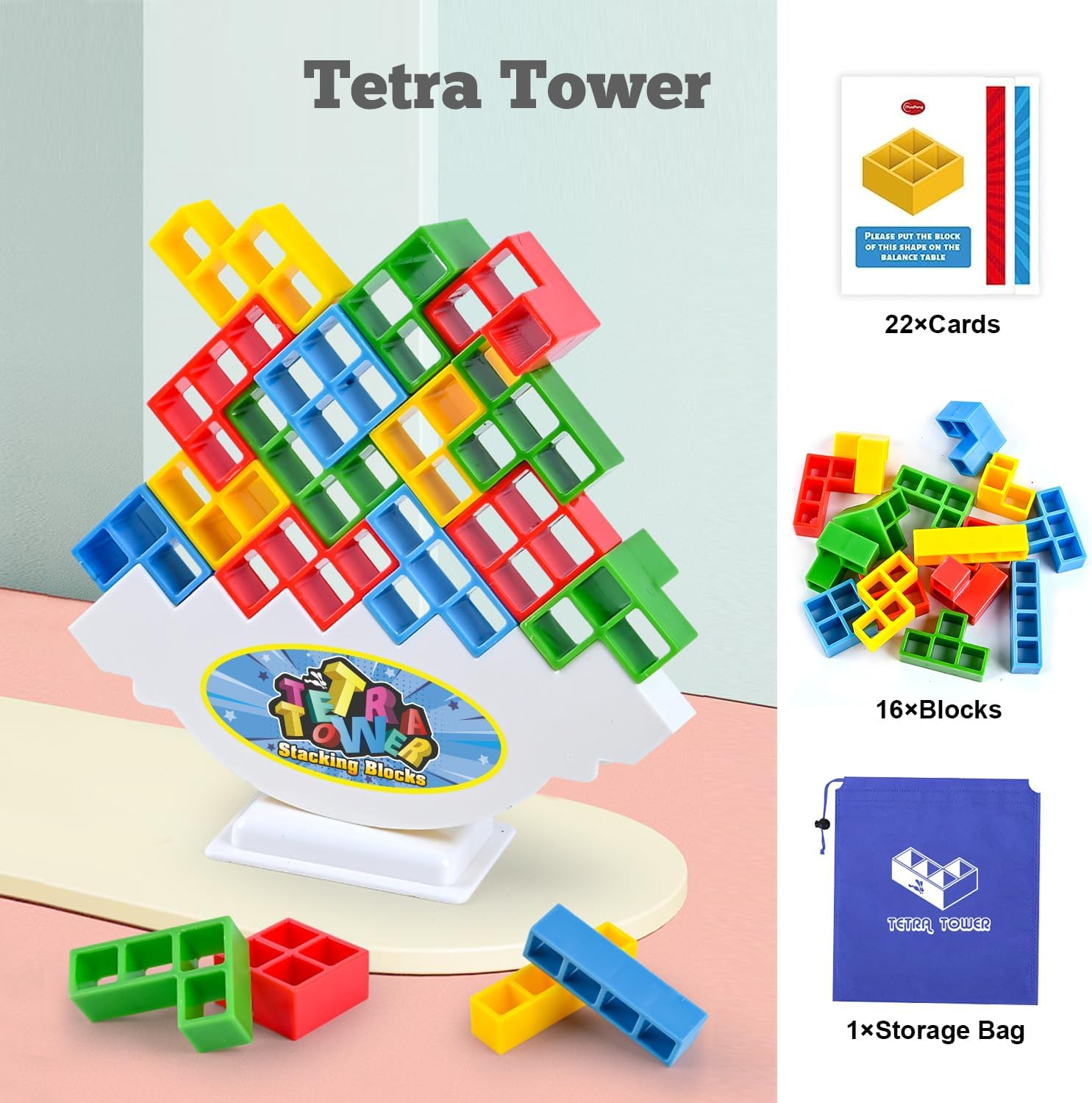 Tetra Tower – Juguetes apilables de equilibrio, 16 piezas de juegos de mesa para niños y adultos, juego de equilibrio para 2 jugadores, bloques de