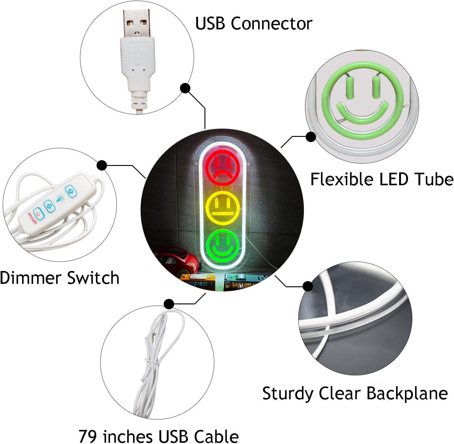 Letrero de neón con cara sonriente para decoración de pared, letrero LED de semáforo, letreros de luces de neón regulables para habitación de niños,