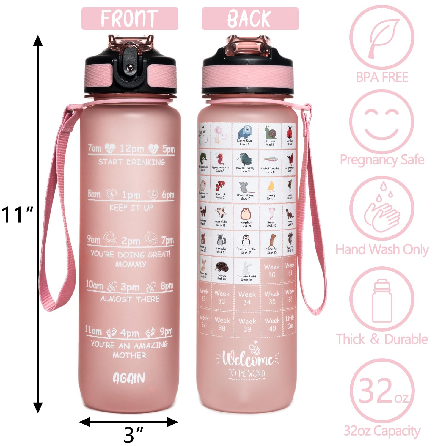 Rastreador de botellas de agua de embarazo (rosa), con 2 calcomanías semanales diferentes, el embarazo debe tener el primer trimestre, regalos