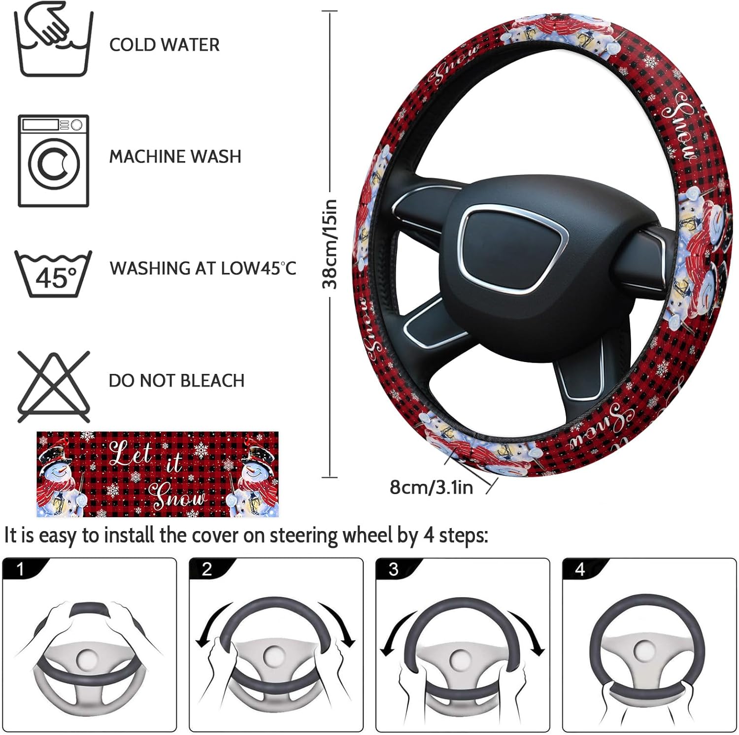 Funda para volante de automóvil, muñeco de nieve, copo de nieve, rojo y negro, a cuadros, elástico, de esponja elástica, para volantes, funda