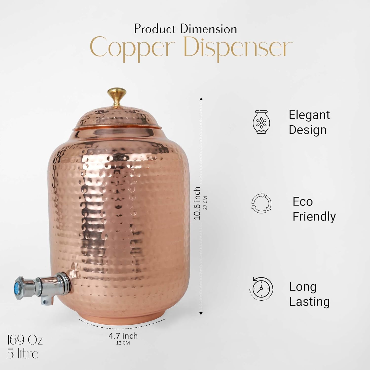 Dispensador de agua de 1.32 galones5 litros, dispensador de agua de bebida con 2 botellas de vidrio de cobre y agua de cobre martillado 100% puro