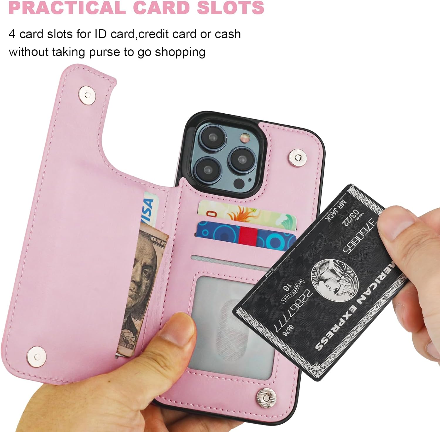 Funda tipo cartera compatible con iPhone 15 Pro Max con soporte para tarjetas, funda de piel sintética con ranuras para tarjetas, doble cierre