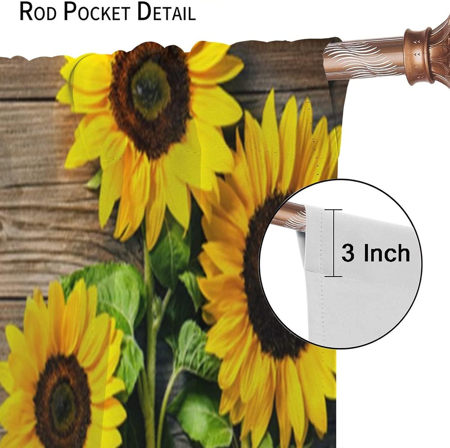 Cortinas de cocina con diseño de girasol, estampado 3D, con bolsillo para barra, para dormitorio, sala de estar, cafetería, tela de poliéster, juego