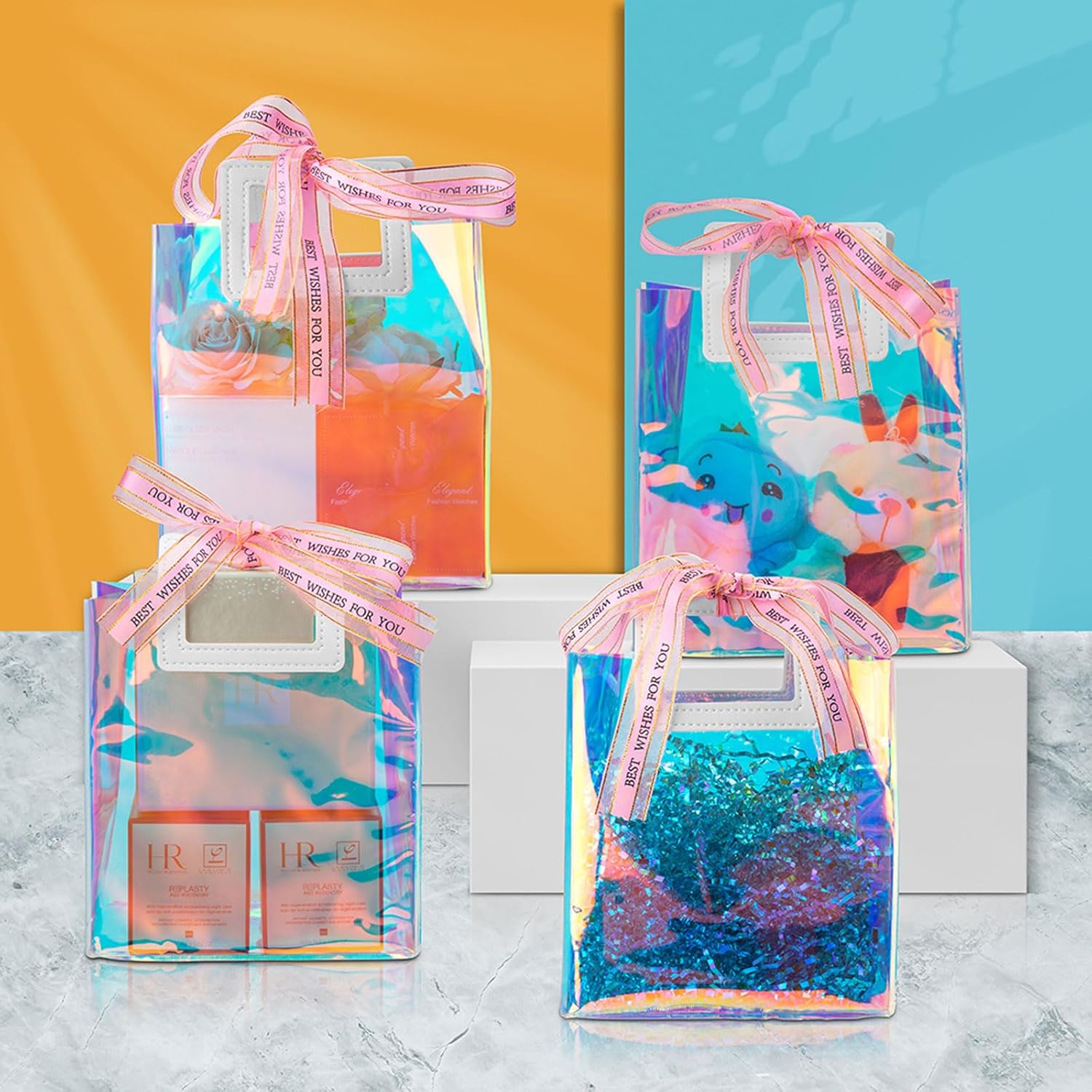Caleihd 12 bolsas de regalo holográficas transparentes con papel de seda, bolsas de regalo de 7.9 x 7.1 x 3.9 pulgadas con asas, bolsas de regalo,