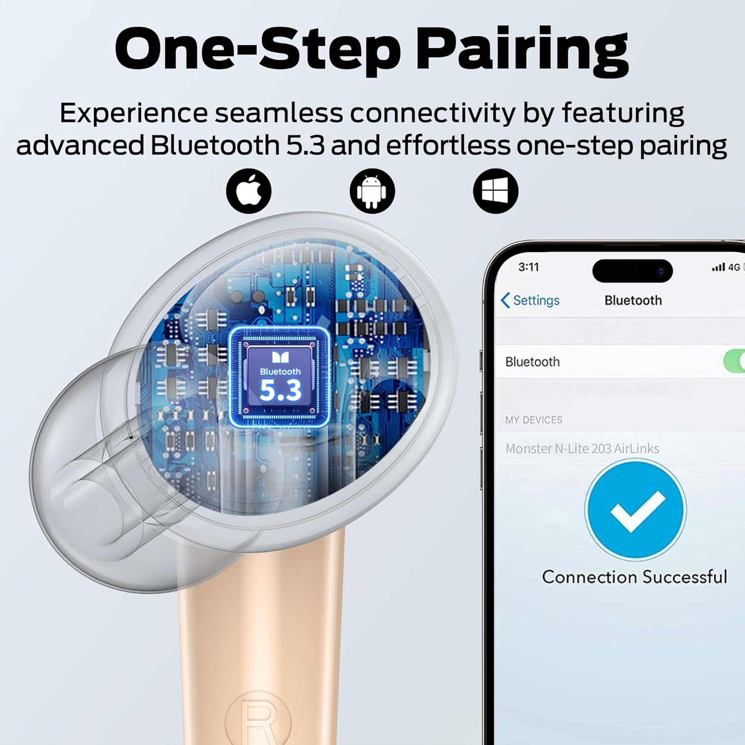 Monster N-Lite 203 AirLinks – Auriculares inalámbricos, Bluetooth 5.3, estéreo de alta fidelidad, auriculares inalámbricos con reproducción de 30