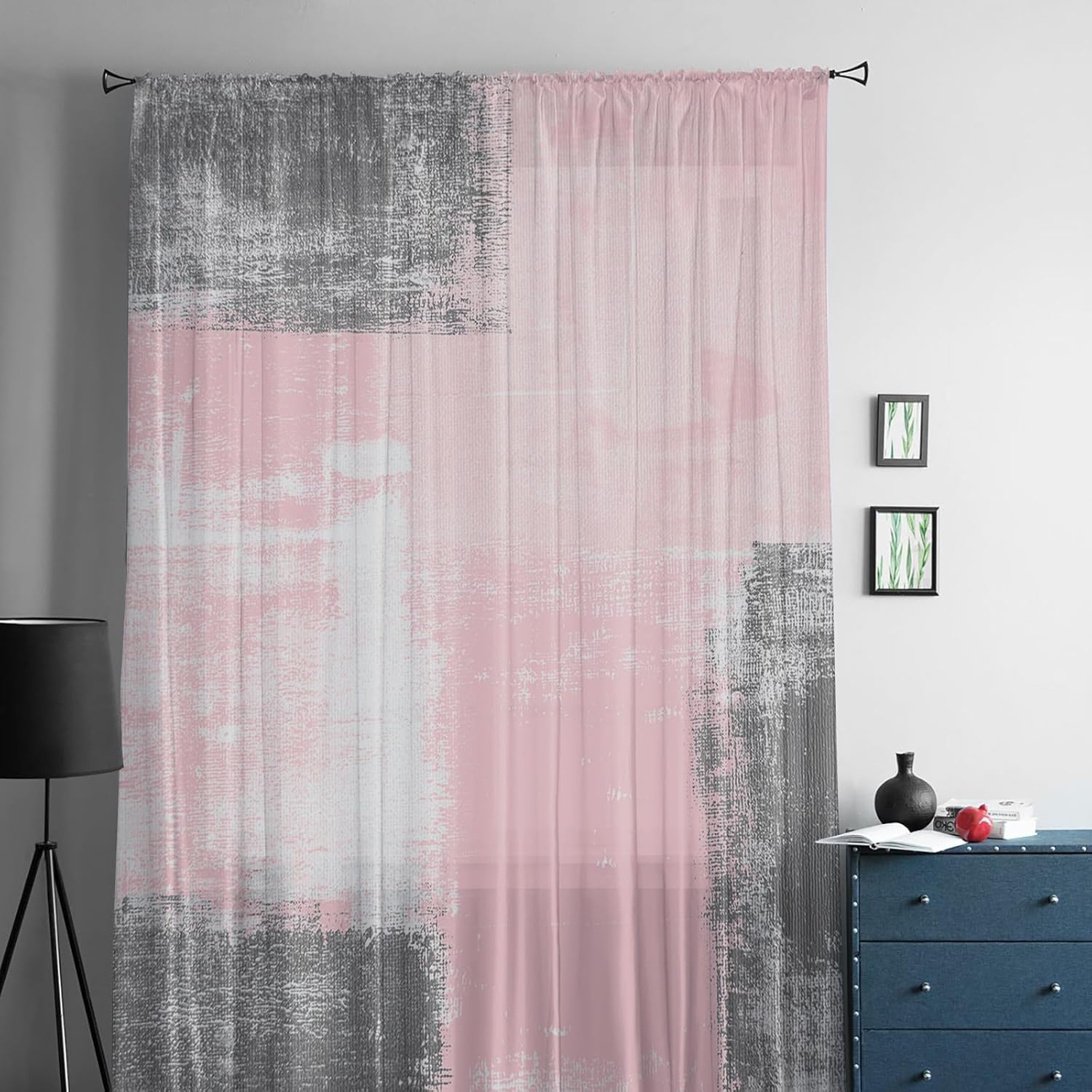 Cortinas de ventana color rosa y gris de 96 pulgadas de largo, cortinas de gasa semitransparentes con bolsillo para barra, cortinas de gasa para