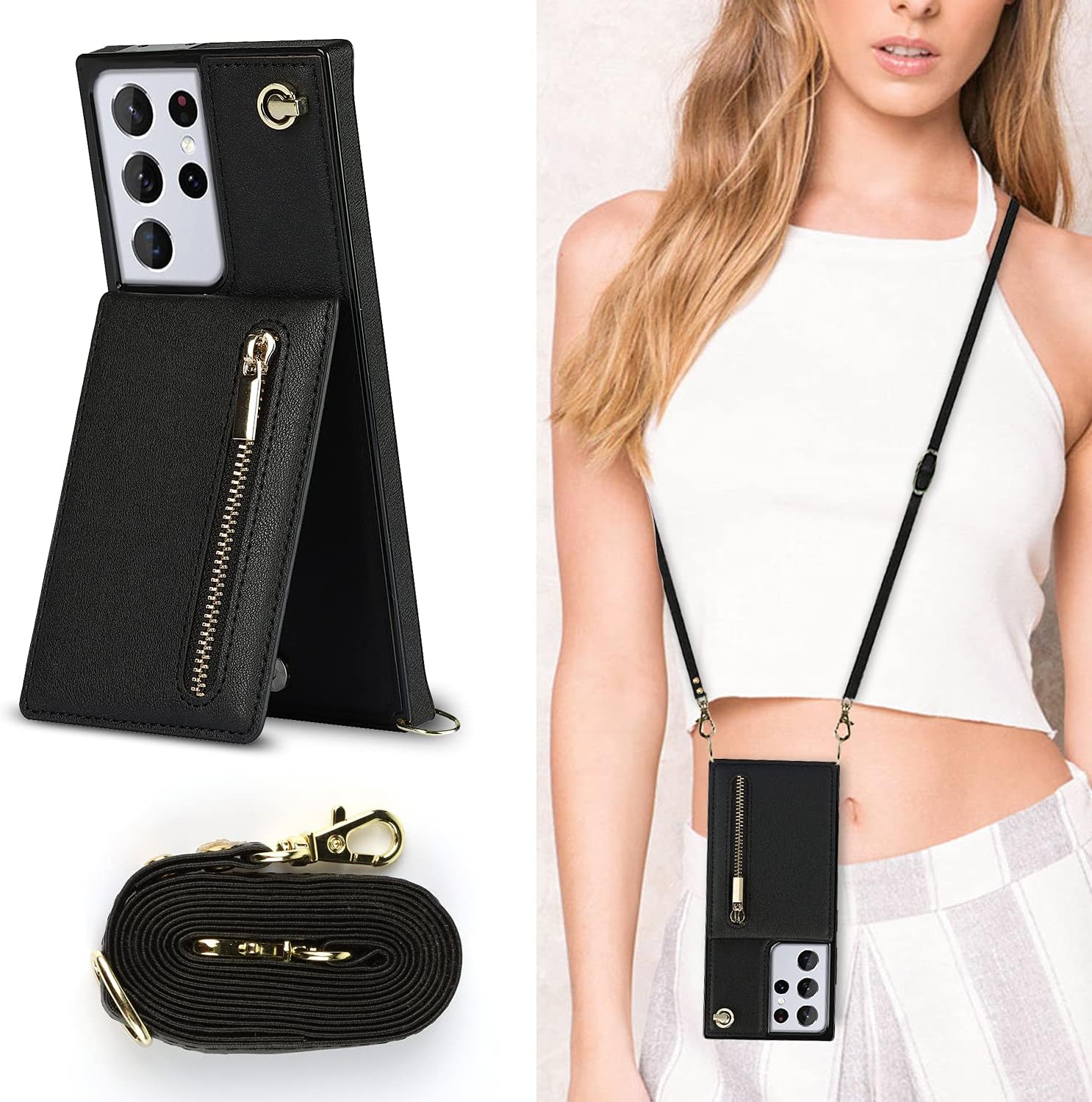 Newgoodcase Funda compatible con Samsung Galaxy S22 Ultra de 6.8 pulgadas, bolso de bolsillo, correa de hombro, elegante funda protectora para