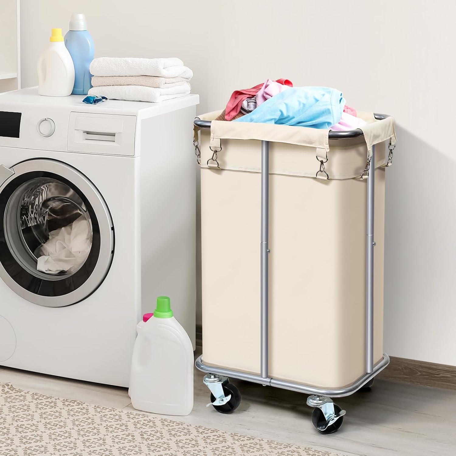 Cesta de lavandería con ruedas, cesta de lavandería con bolsa extraíble, carrito clasificador de ropa de 100 L, organizador de ropa estrecho y