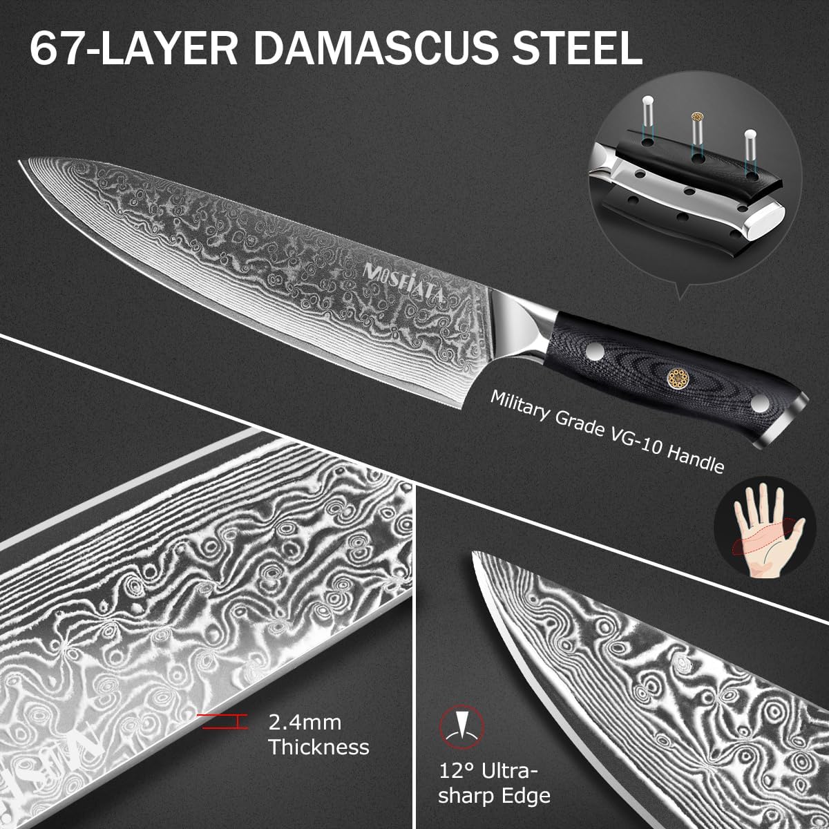 MOSFiATA Juego de cuchillos de chef profesional de Damasco, 3 piezas, cuchillo de chef de 8 pulgadas, cuchillo Santoku de 7 pulgadas y cuchillo