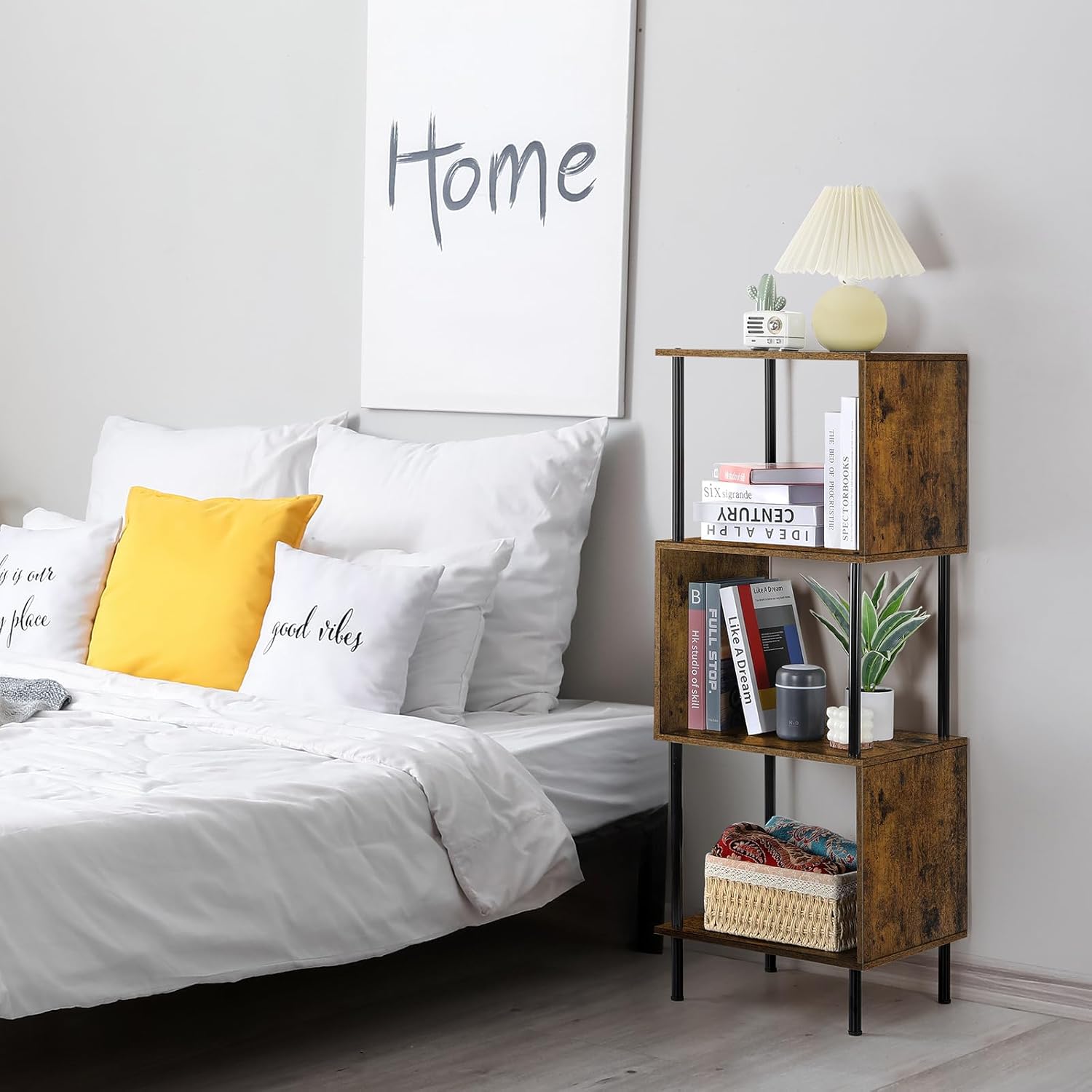 ETELI Estantería pequeña en forma de S de 4 niveles, moderna, independiente, multifuncional, de madera, para granja, sala de estar, dormitorio y