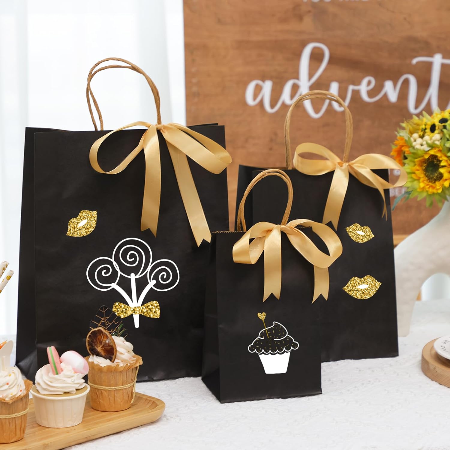 Moretoes 75 bolsas de regalo negras con asas, (8-10-12 pulgadas), bolsas de regalo de varios tamaños a granel, bolsas de papel kraft para pequeñas