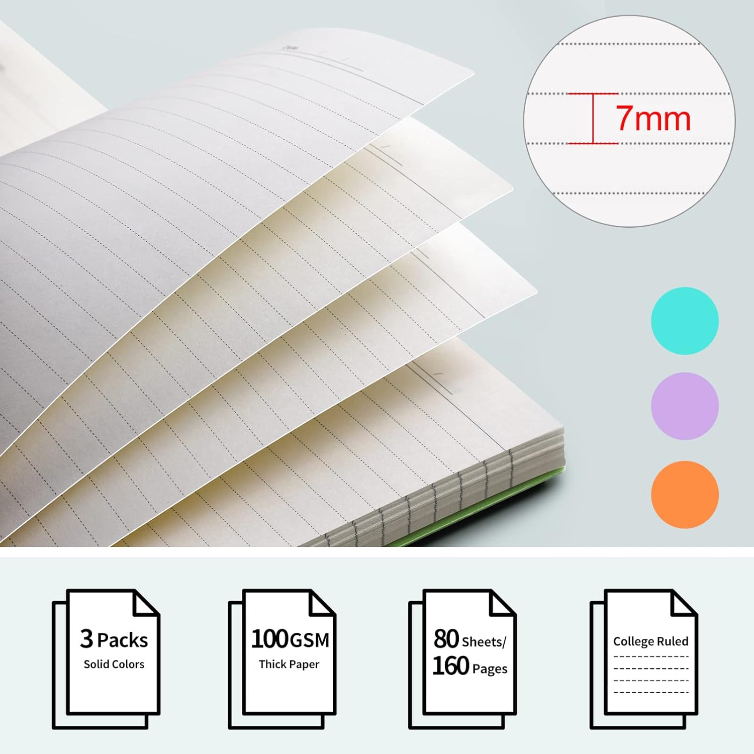 EMSHOI Cuaderno de espiral con rayas universitarias, paquete de 3 cuadernos B5 de composición grandes de 7.48 x 10.15 pulgadas, 480 páginas de 3.53