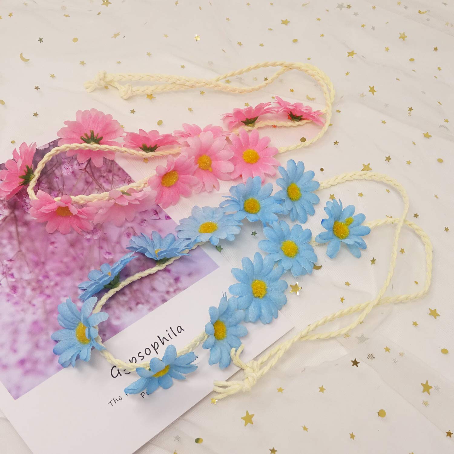 Honbay Diadema floral de moda, 2 unidades, diseño de margaritas, corona de pelo para festival, diadema nupcial (rosa + azul)