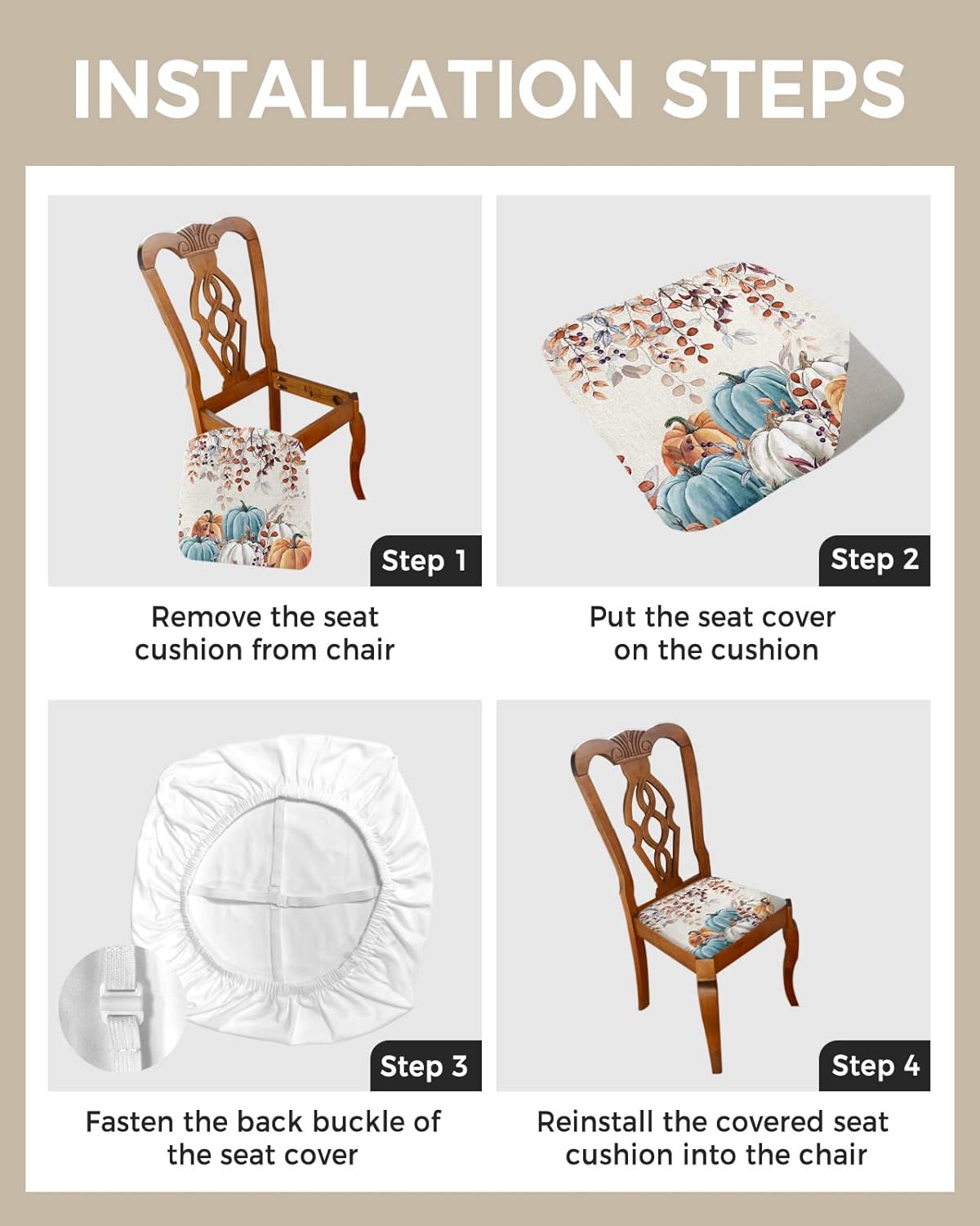 Juego de 4 fundas elásticas para sillas de comedor, diseño de calabazas azules, naranjas y grises, fundas elásticas para sillas de cocina de Acción