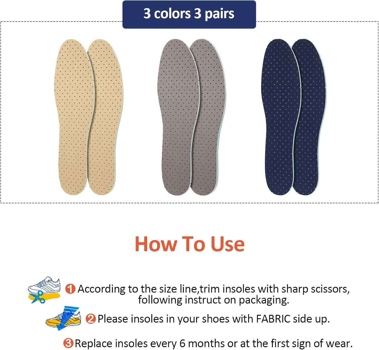 3 pares de plantillas transpirables para zapatos, almohadillas ultra suaves, plantillas cómodas para caminar, plantillas perforadas de espuma de
