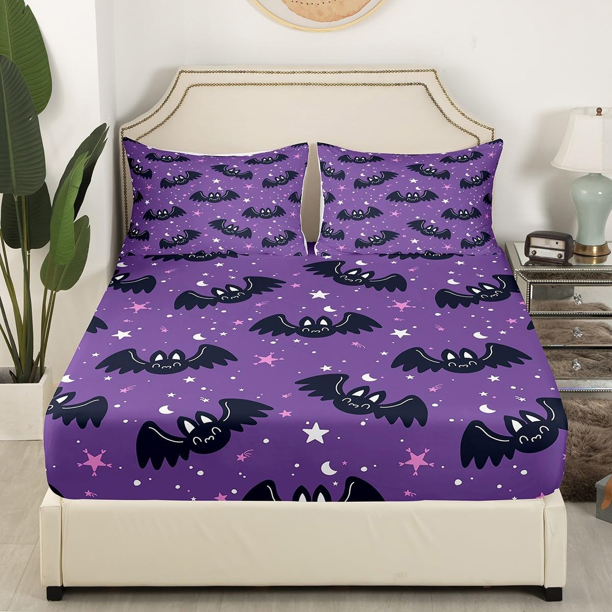 Lindas sábanas de murciélagos tamaño Queen, juego de sábanas de Feliz Halloween para niños y niñas, Kawaii cielo estrellado estrellas luna, sábana
